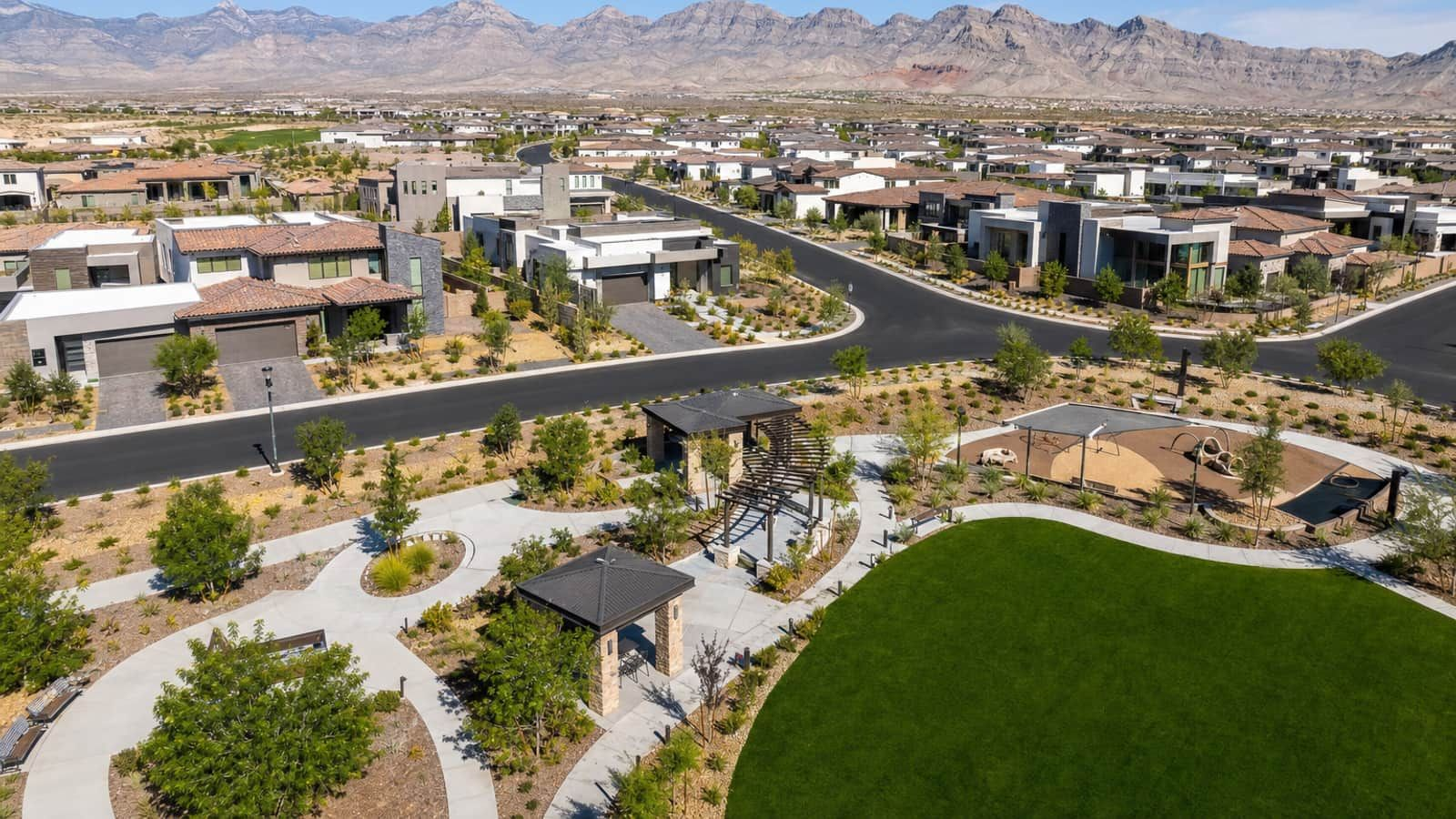 Aerial view of new construction homes, park and trails in Skye Canyon, northwest Las Vegas, NV