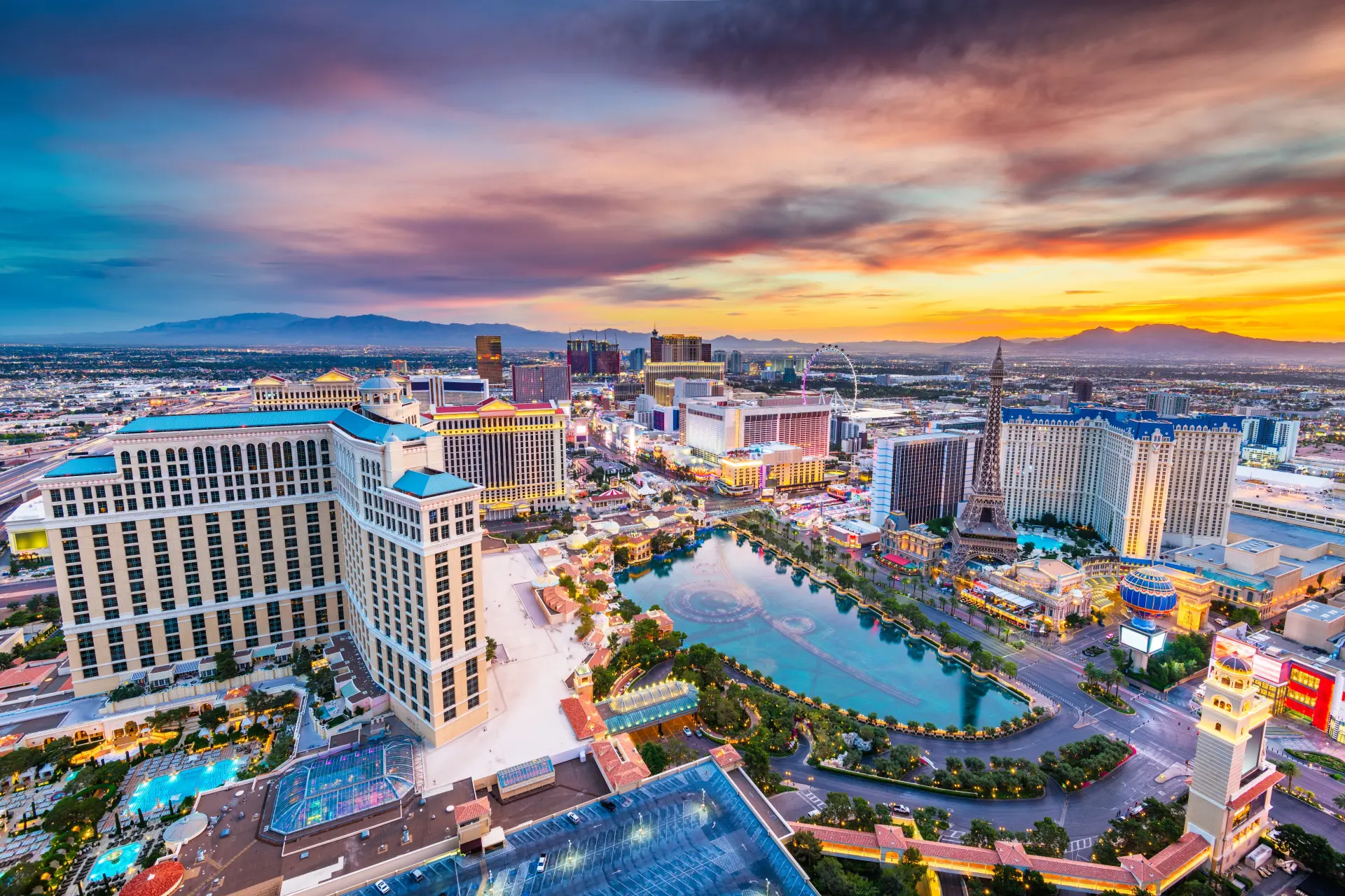 Aerial view of the Las Vegas, NV valley and skyline at sunset