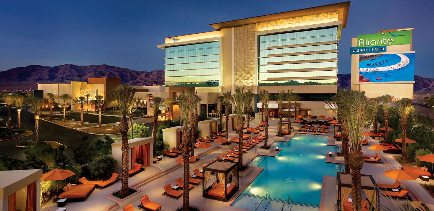 Aliante Casino and Hotel resort pool at dusk in Aliante, North Las Vegas NV